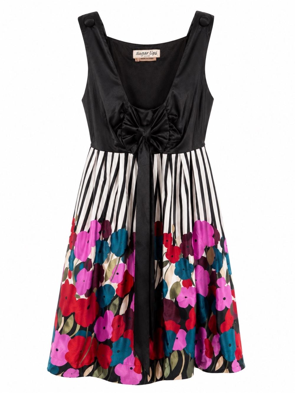 Sugarlips Black Satin Bodice  Dress with lower stripe and Floral print